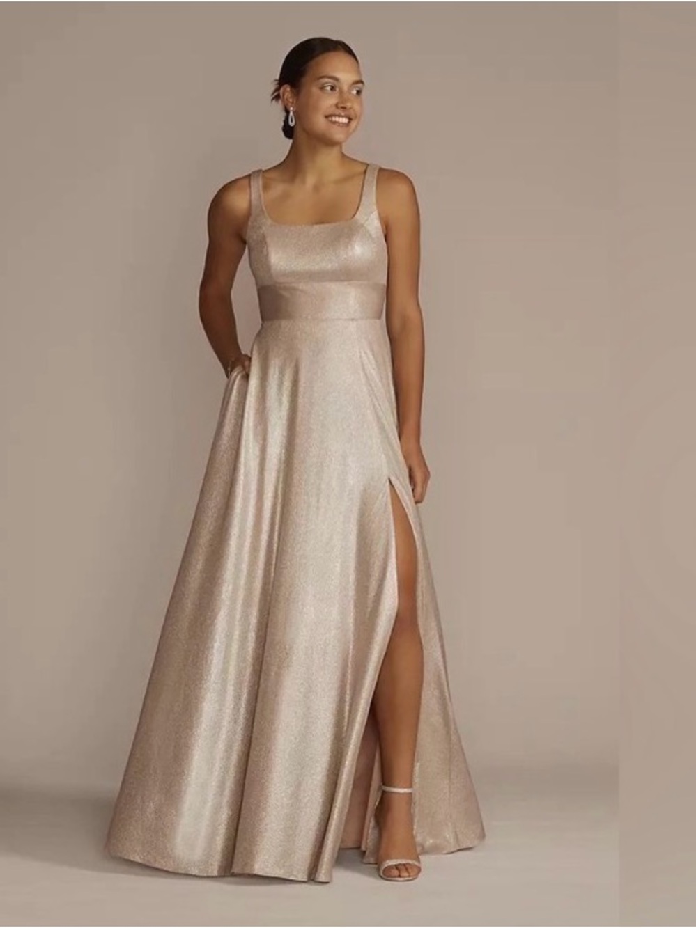 Jules & Cleo Shimmery Champagne Gold A-Line Prom Dress High Side Slit Size 4
